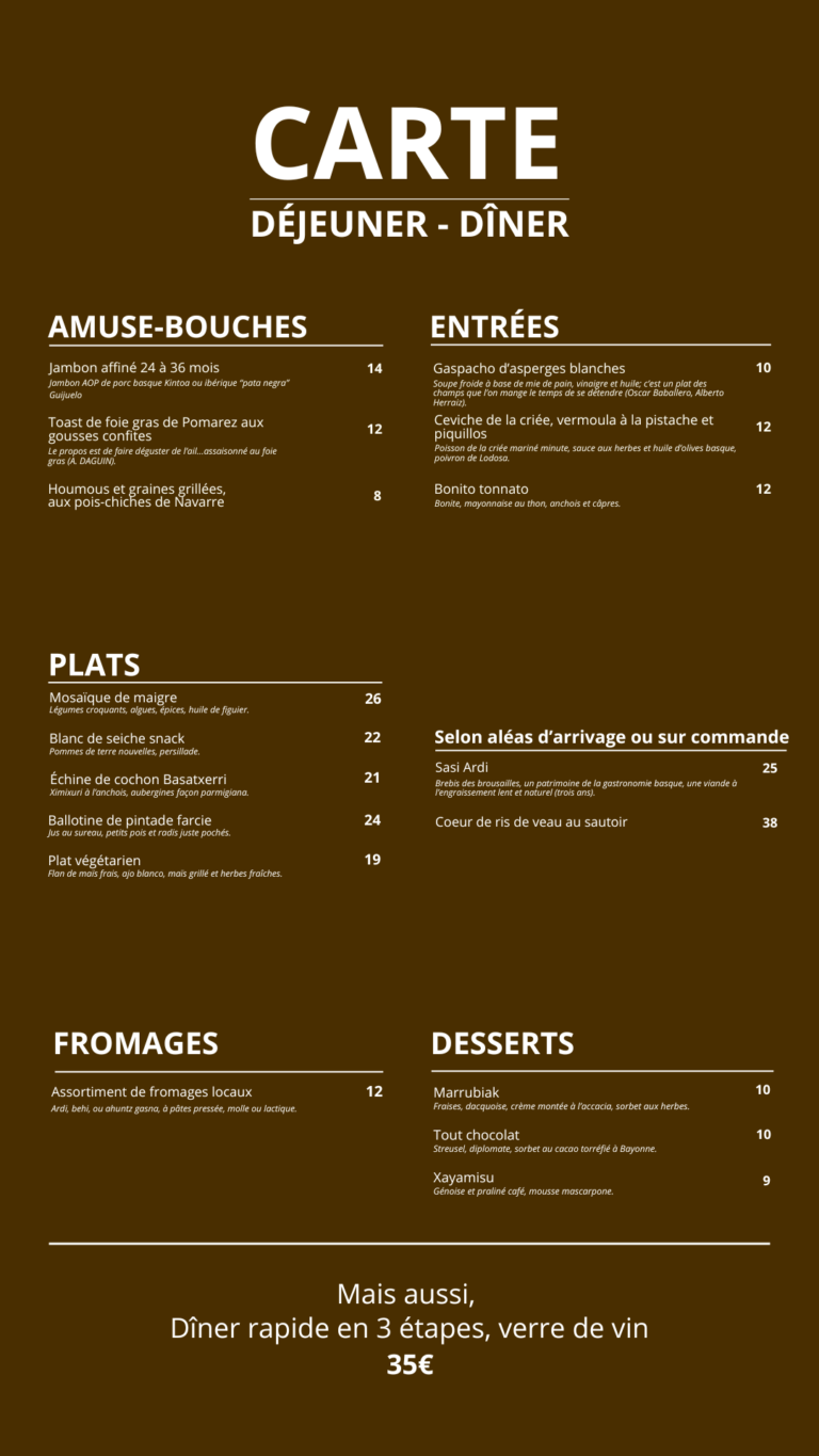 Carte, déjeuner, dîner XAYA